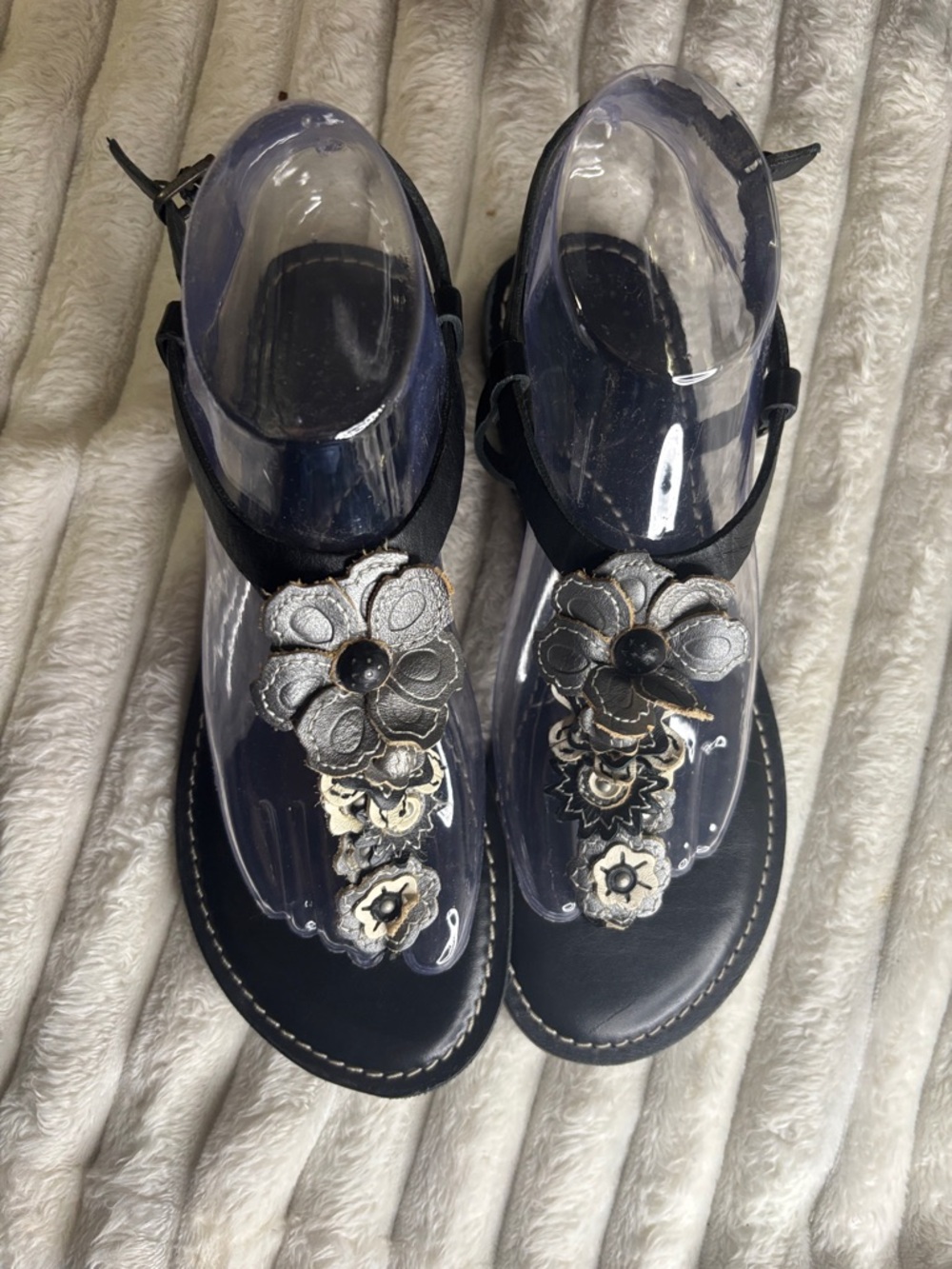 Fossil Black T-Strap Sandals with Silver Floral Accents no size tag